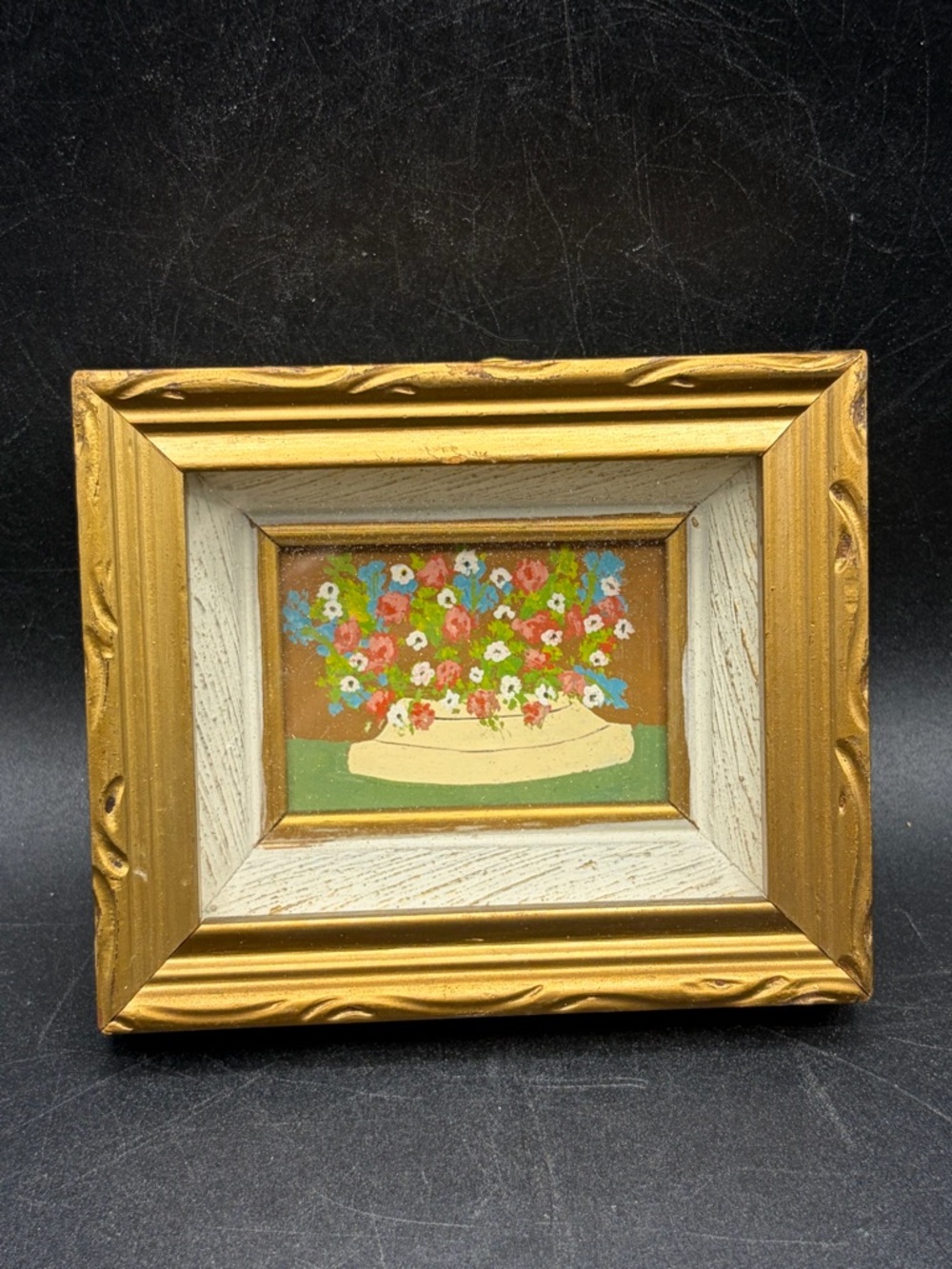1970s Artist Signed Floral Boutique Still Life Mini Painting Gold Tn Wood Frame